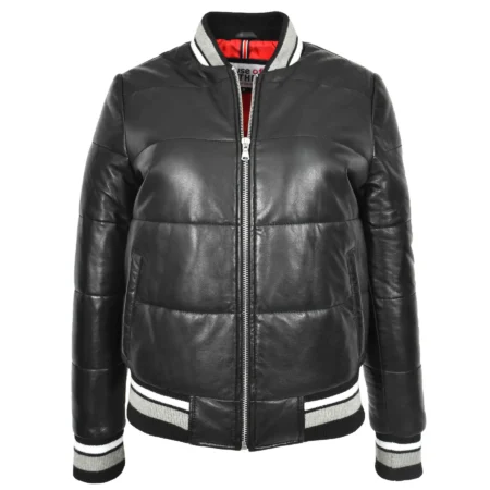 Womens Real Leather Puffer Bomber Jacket