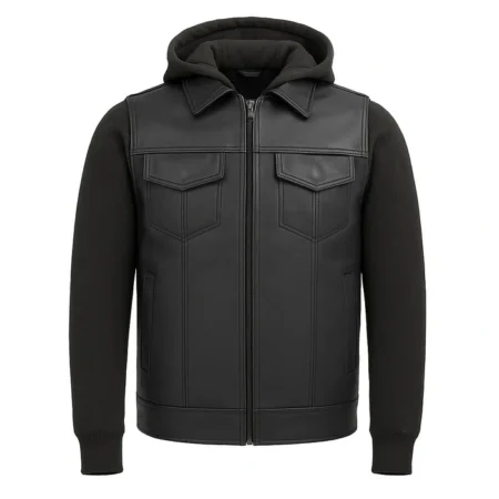 Iron - Men's Motorcycle Leather Vest with Hoodie