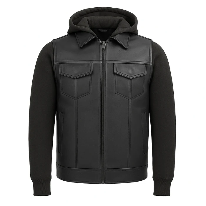 Iron - Men's Motorcycle Leather Vest with Hoodie