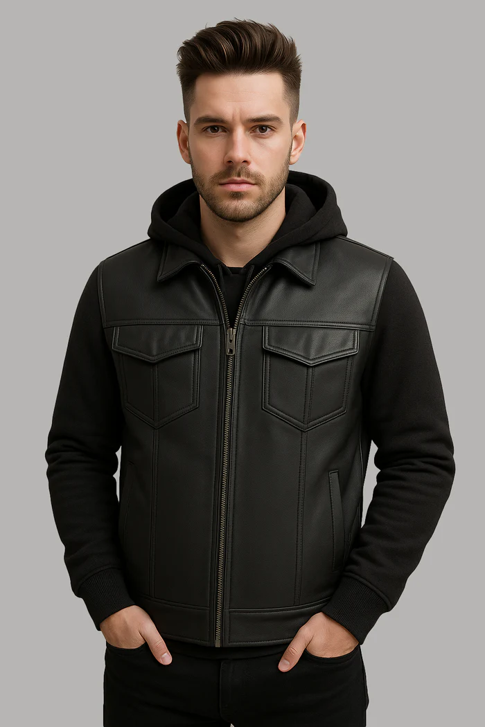 Iron - Men's Motorcycle Leather Vest with Hoodie - Image 5