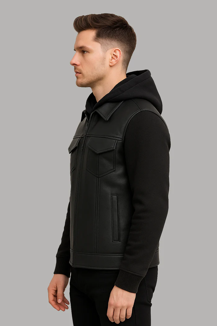 Iron - Men's Motorcycle Leather Vest with Hoodie - Image 6