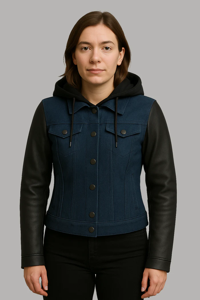 Shadow Denim Women's Motorcycle Denim & Leather Jacket - Image 6