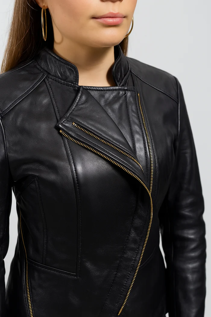 Women's Asymmetrical Lambskin Leather Biker Jacket - Image 3