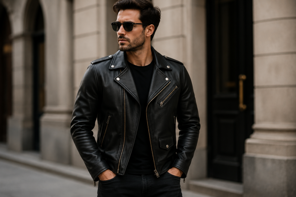 Men's black leather biker jacket