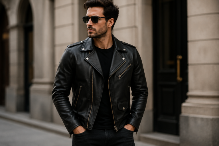 Man wearing a premium black genuine leather biker jacket by Leatheera