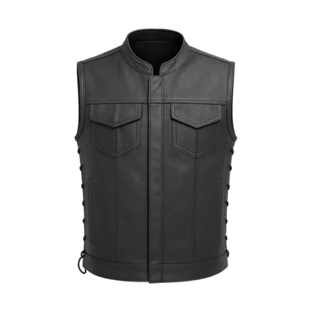 Dark Knight Men's Motorcycle Leather Vest in Black Genuine Cowhide Leather – Front View
