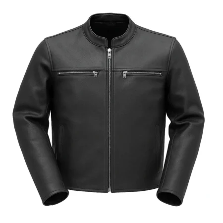 Front view of Jetstream Men's Motorcycle Leather Jacket in black featuring premium cowhide leather, banded collar, center zip closure, and zippered chest pockets.