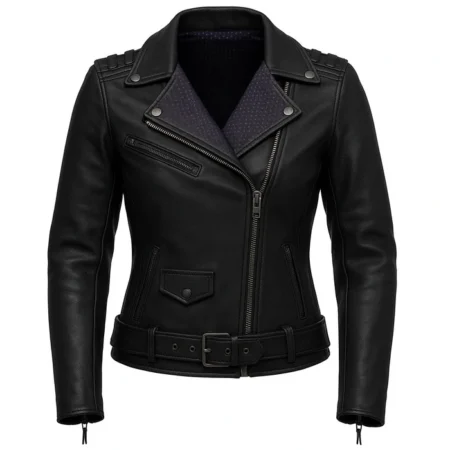 Front view of the Shadow Fury Women's Motorcycle Leather Jacket in black featuring premium naked cowhide leather, asymmetrical zipper, adjustable belt, and purple perforated collar.