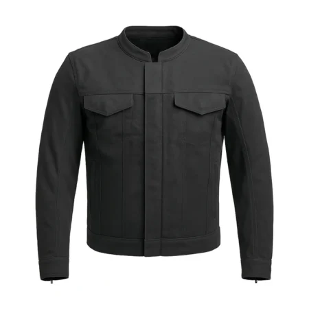 Front view of Shadowfield Men's Motorcycle Twill Jacket in black featuring a stand collar, concealed front closure, and flap chest pockets.