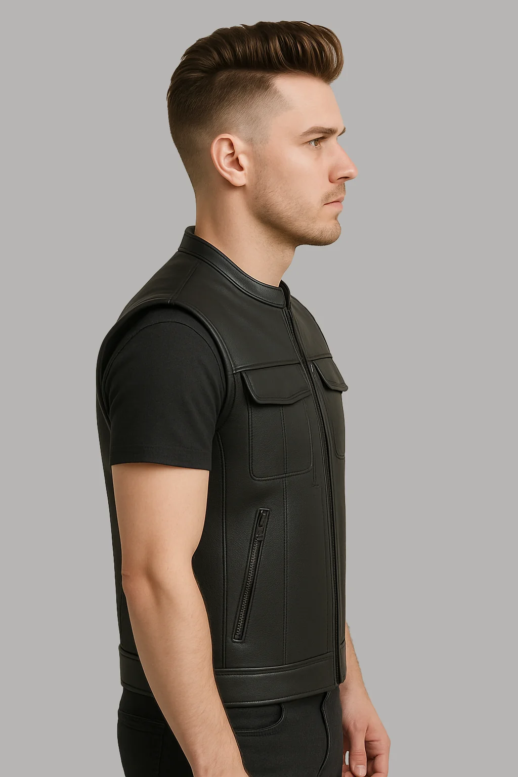 Man wearing Warpath men's motorcycle leather vest