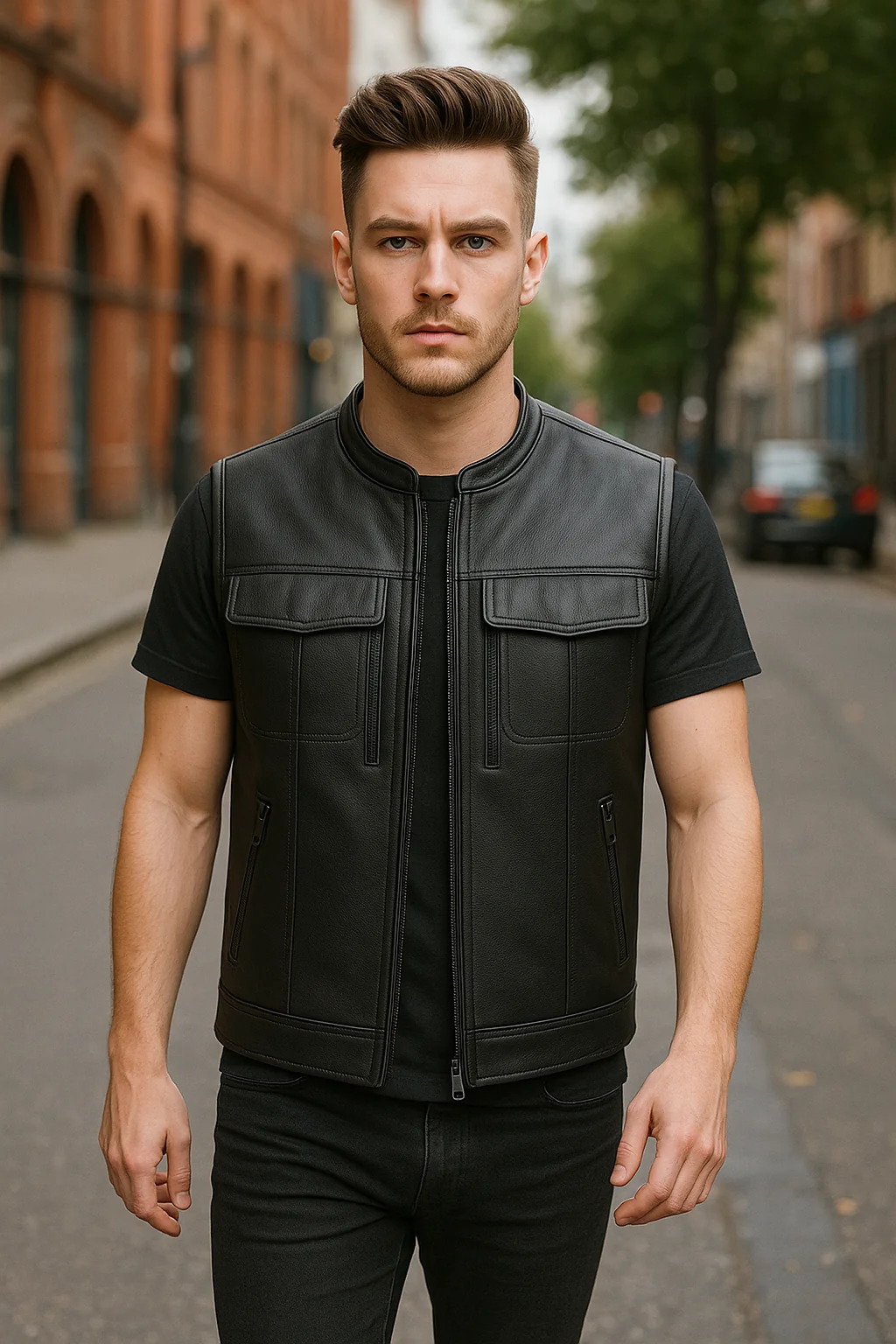 Man wearing black Warpath motorcycle leather vest outdoors